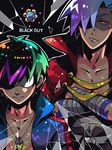  broken_glass cape colorful crossed_arms drill glass kamina kome_(kokomoti) male_focus multicolored_hair multiple_boys red_eyes simon tegaki tengen_toppa_gurren_lagann 