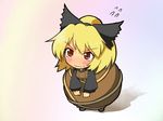  [] angry blonde_hair blush bow chibi flying_sweatdrops from_above hair_bow kurodani_yamame large_bow pout red_eyes solo standing sweatdrop touhou wavy_mouth 