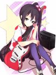  amplifier guitar hair_bobbles hair_ornament instrument k-on! listen!! long_hair nakano_azusa p-nut pantyhose polka_dot purple_legwear shoes side_ponytail sitting smile sneakers solo star 