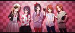  akiyama_mio black_eyes black_hair blonde_hair blue_eyes brown_eyes brown_hair casual checkered checkered_background food fruit gloves hands_in_pockets hat hirasawa_yui k-on! kotobuki_tsumugi listen!! long_hair multiple_girls nakano_azusa pantyhose red_legwear sailor_hat shirt_tug short_hair side_ponytail strawberry tainaka_ritsu takizaking 