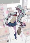  aqua_hair bow bowtie briefcase brown_eyes classroom desk digudigudan hatsune_miku kneehighs legs long_hair looking_back school_uniform shoes skirt socks solo twintails uwabaki very_long_hair vocaloid 