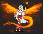  arm_at_side arm_belt bad_id bad_pixiv_id bangs bird_tail breasts collared_shirt crossed_legs dress_shirt eyebrows_visible_through_hair fiery_wings fire fujiwara_no_mokou full_body hair_ornament hair_ribbon hand_in_pocket hand_up highres index_finger_raised long_hair long_sleeves looking_at_viewer nisshi ofuda pants phoenix_wings red_eyes red_footwear ribbon shirt shoes small_breasts solo sphere standing suspenders tail thigh_gap touhou very_long_hair white_hair wings 
