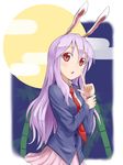  animal_ears bamboo bamboo_forest blazer bunny_ears forest jacket long_hair moon nature necktie orange-pengin purple_hair red_eyes red_neckwear reisen_udongein_inaba solo touhou 