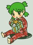  :&lt; barefoot blush child gift green_eyes green_hair holding holding_gift koiwai_yotsuba pajamas quad_tails solo superdonut yotsubato! 