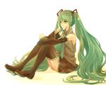  bad_id bad_pixiv_id boots detached_sleeves green_eyes green_hair hatsune_miku highres legs long_hair necktie retei sitting skirt solo thigh_boots thighhighs twintails very_long_hair vocaloid 