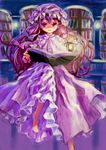  absurdres ama-tou barefoot book bookshelf hat highres lamp lantern library long_hair open_book patchouli_knowledge purple_eyes purple_hair reading robe solo touhou voile 