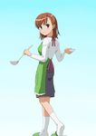  absurdres aburata apron brown_eyes brown_hair highres ladle looking_back misaka_mikoto short_hair slippers solo to_aru_kagaku_no_railgun to_aru_majutsu_no_index 