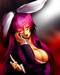  animal_ears bad_id bad_pixiv_id blazer breasts bunny_ears cleavage crazy_eyes highres jacket large_breasts purple_hair red_eyes reisen_udongein_inaba solo sorono touhou 