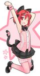  animal_ears armpits arms_up bow cat_ears cat_tail fang frills hair_bow highres kamoto_tatsuya legs one_eye_closed original red_eyes red_hair ribbon short_hair skirt solo tail tail_ribbon thighhighs wristband zettai_ryouiki 