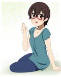  bad_id bad_pixiv_id blush brown_eyes brown_hair casual denim face glasses ikari_manatsu jeans k-on! manabe_nodoka pants red-framed_eyewear semi-rimless_eyewear short_hair smile solo under-rim_eyewear waving 