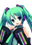  absurdres detached_sleeves green_eyes green_hair hands_on_own_chest hatsune_miku headset highres long_hair necktie nekur simple_background solo twintails vocaloid 