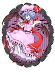  barefoot bat bat_wings blue_hair bow cup fangs hat highres lace_border pointy_ears red_eyes remilia_scarlet sakurai_haruto short_hair solo steam striped striped_background tea teacup touhou transformation wings 