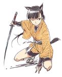  agahari animal_ears bangs black_hair blunt_bangs extra_ears one_eye_closed ponytail sakamoto_mio sandals sketch solo squatting strike_witches sword tail weapon world_witches_series 