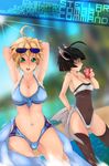  black_hair blonde_hair eyewear female goggles hair human legwear looking_at_viewer mammal not_furry panties seaside slugbox stockings underwear 