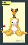 ampharos anthro black_nipples blush breasts collaboration female kneeling looking_at_viewer mingchee navel nintendo nipples notorious84 nude pinup pok&#233;mon pok&#233;morph pok&eacute;mon pok&eacute;morph pose presenting pussy red_eyes solo tail the_pokedex_project video_games yellow yellow_skin 