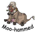  bovine caricature cattle cow crotchboob ear_tag english_text islam male mammal mohammed muhammad plain_background sacrilegious solo teats text turban udders unknown_artist white_background 