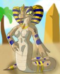  ankh anthro breasts brown brown_body cobra desert egyptian female forked_tongue green_eyes hissi itsuko103 jewelry looking_at_viewer naga navel necklace neopets nipples nude obelisk obilisk palm_tree pinup pose reptile scalie snake solo tail tongue 