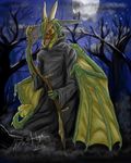 cloak cloud dragon horn horns male moon outside pose scythe solo standing tidmatiger tree undead wings wood 