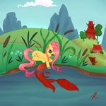  equine female feral fluttershy_(mlp) friendship_is_magic hair horse koi mammal mountain my_little_pony pegasus pink_hair pond pony solo tree unknown_artist wood 