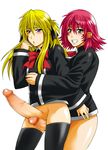  2girls artist_request blonde_hair blue_eyes blush bottomless censored erection frottage futa_with_futa futanari green_eyes long_hair multiple_girls no_panties open_mouth penis pink_hair quiz_magic_academy ruquia shalon short_hair simple_background smile source_request teeth thighhighs 