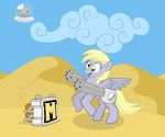  blonde_hair cloud clouds derpy_hooves_(mlp) equine female feral flying_saucer friendship_is_magic gun hair horse mammal metal_slug muffins my_little_pony pegasus pony ranged_weapon sand shutterflye weapon wings 