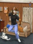  anthro bag blue_eyes bookshelf brown_hair canine cat clock clothing curtains dancing drawer feline feral fox hair heterochromia home inside jeans kacey male mammal mark_mccloud mullet safety_dance shadow shirt sofa solo standing standing_on_one_foot tail whiskers wind_chime 