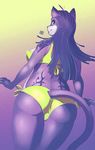  black_hair bra breasts butt cat clothed clothing essui feline female fur hair long_hair looking_at_viewer looking_back mammal panties skimpy solo standing swimsuit tail tattoo thighs tight_clothing underwear white white_fur 