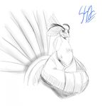  avian greyscale kung_fu_panda lord_shen male monochrome peacock plain_background sketch solo sssonic2 white_background 