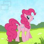  blue_eyes blush candy cloud clouds cutie_mark equine female feral friendship_is_magic fur hair horse lollipop looking_back mammal mouth_hold my_little_pony outside pink_fur pink_hair pinkie_pie_(mlp) pony signature slushy solo watermark 