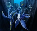  amphibian armor blue blue_body blue_eyes blue_theme canyon cool_colors dragon fins flippers helm helmet marine outside redmoses ruins safe scalie swimming tail underwater water 