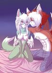  angel_wings anthro bed blush breasts canine clothing couple dragon duo eyes_closed female fox hair horn horns hybrid kneeling kuraen male mammal nipples nissa nude pants purple_eyes sion straight topless white_hair wings 