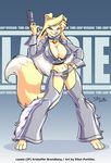  anthro blonde_hair blue_eyes border_collie breasts canine chaps cleavage clothed clothing collar dog eltonpot female gun hair hi_res lassie leggings legwear looking_at_viewer mammal ranged_weapon rough_collie skimpy solo tail thong weapon 