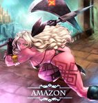  amazon_(dragon's_crown) armlet armor ass bikini bikini_armor blonde_hair boots breasts circlet dragon's_crown feathers gloves green_eyes halberd large_breasts long_hair muscle panties polearm sideboob solo swimsuit tattoo thick_thighs thighs thong_bikini tomoyohi underwear weapon 