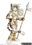  alphaleo14 armwarmer black_stripes blue_eyes feline female fur hair headband kiara kiara_(character) leg_warmer legwear loincloth mammal necklace plain_background polearm solo spear tiger toeless_socks tribal white white_background white_fur white_hair white_tiger 