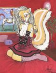  anthro background bed bedroom breasts centaur corset equine female frame grey_hair hair human kneeling looking_at_viewer malachi mammal nipples painting pose red red_eyes simple_background skirt skunk socks solo tail taur 