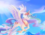  alicorn equine female feral flying friendship_is_magic glowing glowing_eyes hair horn horse mammal mountain multi-colored_hair my_little_pony phuijl pony princess princess_celestia_(mlp) rainbow_hair royalty solo sparkles sunbeams white_body winged_unicorn wings 