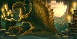  books candle candles cave detailed_background dragon dungeons_&amp;_dragons feral frills gold_dragon horn horns kerem_beyit looking_at_viewer male mountain non-anthro reading scalie scholar solo tail whiskers wings yellow_eyes 