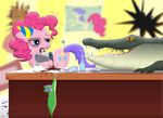  alligator blue_eyes coffee cutie_mark equine female feral friendship_is_magic fur green_body group gummy_(mlp) hair hangover horse mammal mouth_hold my_little_pony open_mouth party_hat pedro992 pink_fur pink_hair pinkie_pie_(mlp) pony reptile scalie teeth 