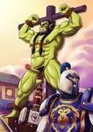 ball_stretching blush cbt cock_and_ball_torture ear_piercing hammer helmet human male mammal muscles nipple_piercing nipples nude orc ouch piercing unknown_artist video_games warcraft 