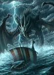  awesome boat claws cloud clouds detailed_background dragon epic feral flying horn horns impending_doom kerem_beyit lightning ocean rain sea ship storm tail viking water wave waves wings 