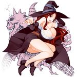  bare_shoulders beckoning breasts detached_sleeves dragon's_crown dress hat highres huge_breasts legs long_hair one_eye_closed red_eyes red_hair side_slit skeleton solo sorceress_(dragon's_crown) strapless strapless_dress torigoe_takumi witch_hat 