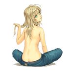  aqua_eyes back bags_under_eyes blonde_hair butt_crack denim from_behind hair_flowing_over hair_tousle jeans lips lipstick long_hair looking_back makeup mustard_seeds original pants simple_background sitting solo topless yuuji_(and) 