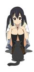  black_hair brown_eyes cat fukuoka_katsumi hands_on_own_knees k-on! long_hair nakano_azusa official_style school_uniform smile solo squatting twintails 