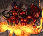  black black_body breasts brown_hair derecho dragon ear_piercing ember female fivel glowing_eyes hair heat horn horns lava lounging magma male nipples nude piercing pussy pyron red red_body red_dragon skull tail volcano warm_colors water wings 