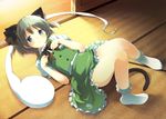  animal_ears bare_legs blue_eyes blush bobby_socks bow bowtie cat_ears cat_tail dress_shirt feet from_above ghost hair_bow highres hinohoshi_ataru hitodama kemonomimi_mode konpaku_youmu konpaku_youmu_(ghost) legs looking_at_viewer lying on_back paw_pose peko shirt short_hair silver_hair skirt socks solo tail tatami touhou vest white_legwear 