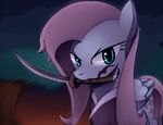  2011 alternate_color equid equine feathered_wings feathers female feral fluttershy_(mlp) friendship_is_magic green_eyes grey_body grey_feathers hair hasbro holding_melee_weapon holding_object holding_sword holding_weapon katana looking_at_viewer mammal melee_weapon my_little_pony mythological_creature mythological_equine mythology negativefox object_in_mouth pegasus pink_hair quadruped scar solo sword sword_in_mouth tail weapon wings 