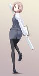  ass black_legwear brown_eyes brown_hair formal full_body gradient gradient_background hair_ornament hairclip high_heels highres kirigaya_yuuji looking_at_viewer office_lady original pantyhose pantylines pencil_skirt short_hair simple_background skirt solo star star_hair_ornament suit 