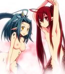  ahoge armpits blue_hair breasts facial_mark flat_chest long_hair medium_breasts monster_girl multiple_girls n_(ruff) nude original pointy_ears ponytail red_eyes red_hair steam tail yellow_eyes 