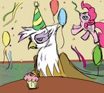  avian balloons equine female feral food friendship_is_magic fur gilda_(mlp) gryphon horse mammal muffin my_little_pony party_hat pink_fur pinkie_pie_(mlp) pissed pony streamers table unknown_artist wings 