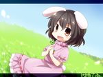  animal_ears black_hair blush brown_eyes bunny_ears bunny_tail carrot carrot_necklace character_name cherry_blossoms chibi clover dress flower four-leaf_clover grass hands_on_own_chest highres inaba_tewi jewelry letterboxed necklace open_mouth pendant pink_dress short_hair smile solo tail touhou yamabuki_(yusuraume) 